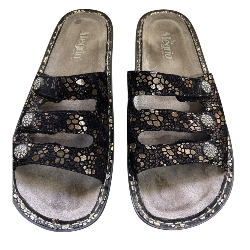 Alegria Black & Gold Leather Rhinestone Embellished Slide Sandals EU 41